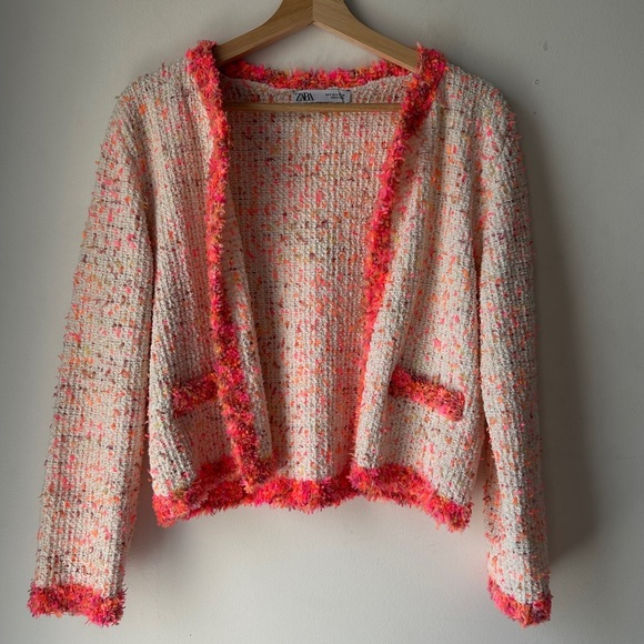 Zara neon coral frayed edge boucle blazer S - Picture 7 of 9